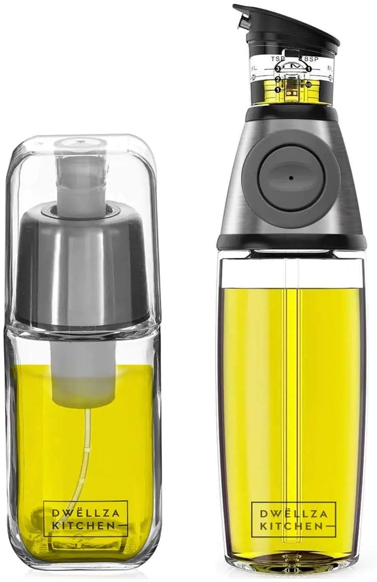 DWËLLZA KITCHEN Olive Oil Dispenser Bottle & Olive Oil Sprayer For Cooking - Glass 2 In 1 Oil Dispenser And Oil Sprayer - 17 Oz Cooking Oil Dispenser For Kitchen With Measurements & 6 Oz Spray Bottle