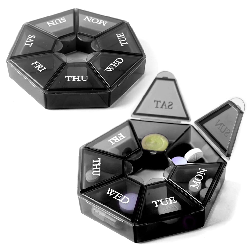 Deke Home - Small Weekly Pill Organizer Round Pill Dispenser for Travel Mini Pill Organizer Compact Medicine Holder Pill Sorters 7 Days Portable Vitamin Container (2 Units)