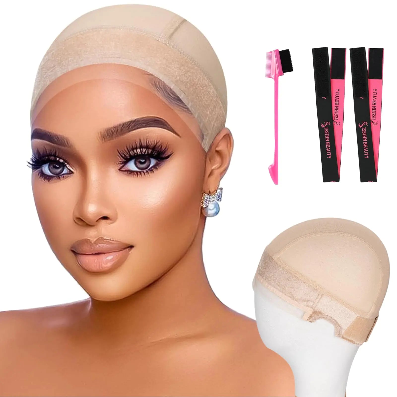 Isshin Beauty Wig Grip Cap Women Adjustable: Wig Gripper with Ear-Cutouts Natural Lace Edge - Gluless Non Slip-Off Band with Velcro No-Headache Comfortable Breathable (LightBrown)